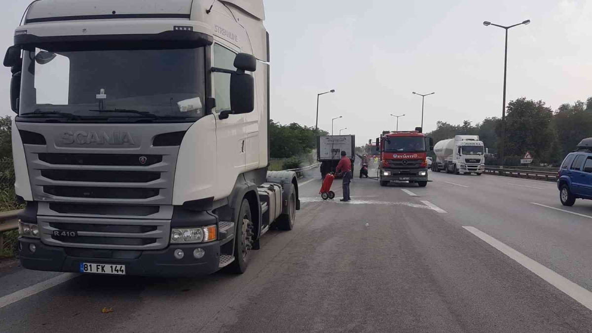 Tırın dorsesinde çıkan yangın, itfaiye ve vatandaşların yardımıyla söndü
