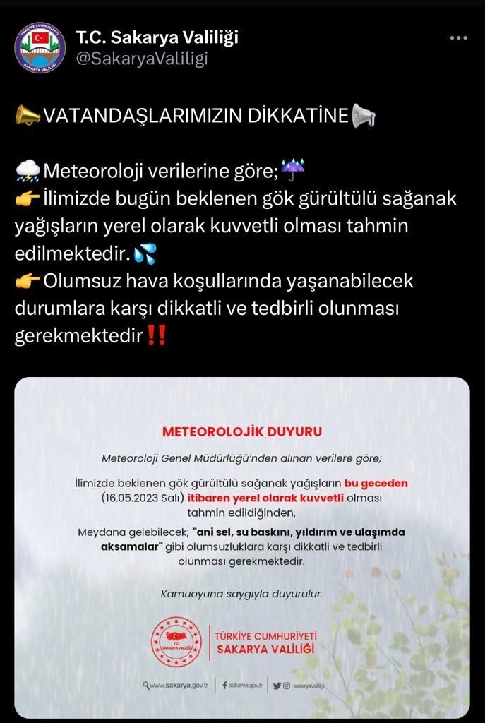Sakarya Valiliği’nden sağanak yağış uyarısı

