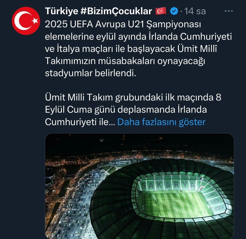 Ümit Milli Futbol Takımı, İtalya’yı Sakarya Atatürk Stadyumu’nda konuk edecek